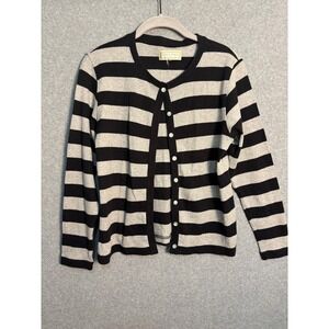 Studio Works Petite Black Gray Striped Ribbed Cardigan Minimalist Preppy